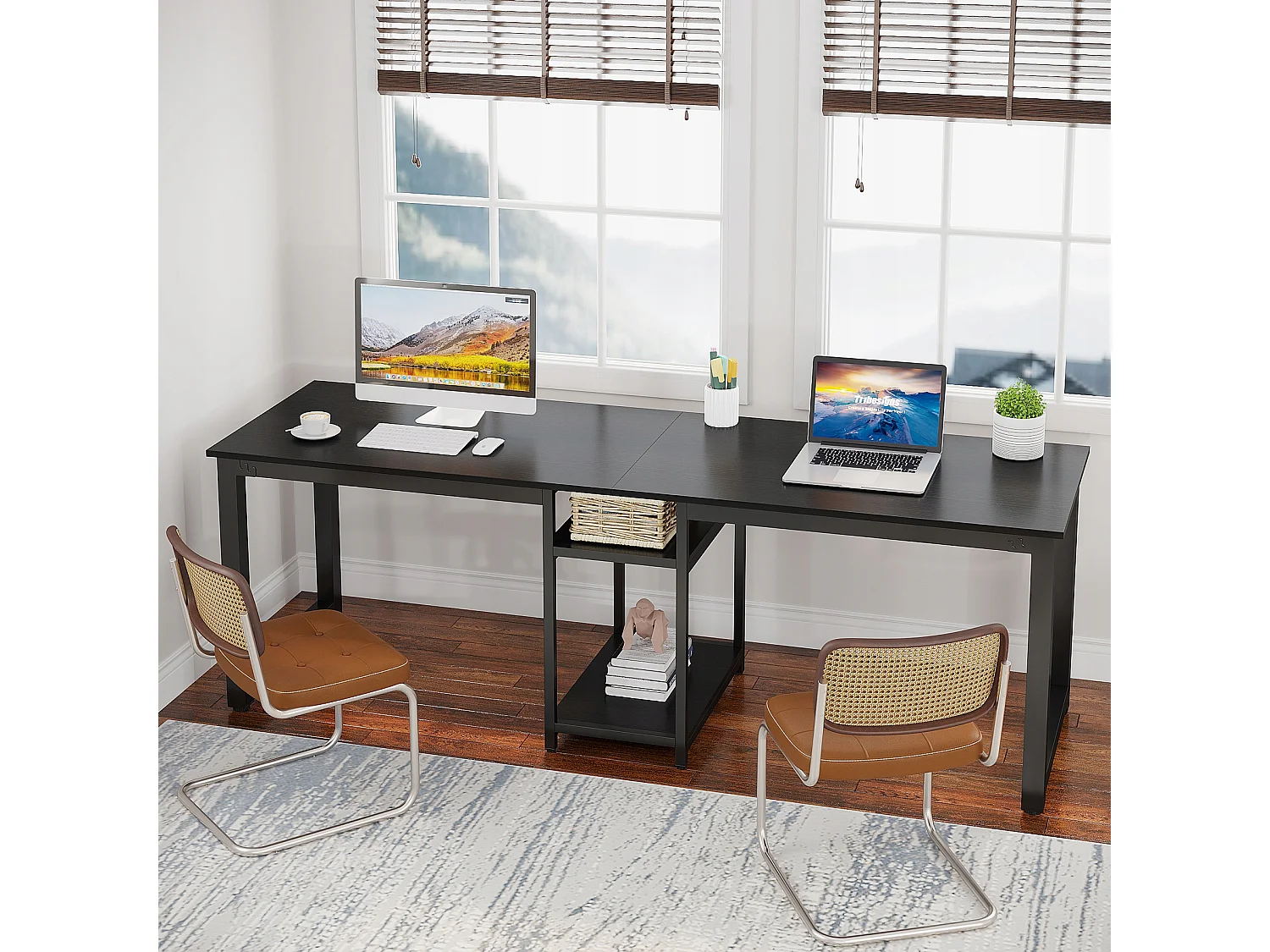 Dubbel bureau 200 cm, extra lang computerbureau met opbergvakken, voor 2 personen, studeertafel, zwart