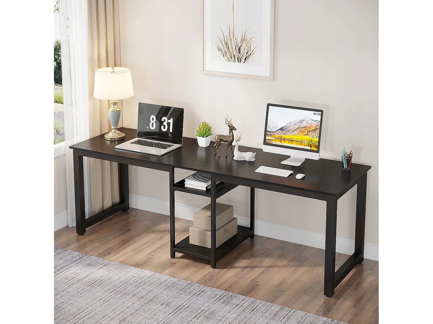 Dubbel bureau 200 cm, extra lang computerbureau met opbergvakken, voor 2 personen, studeertafel, zwart