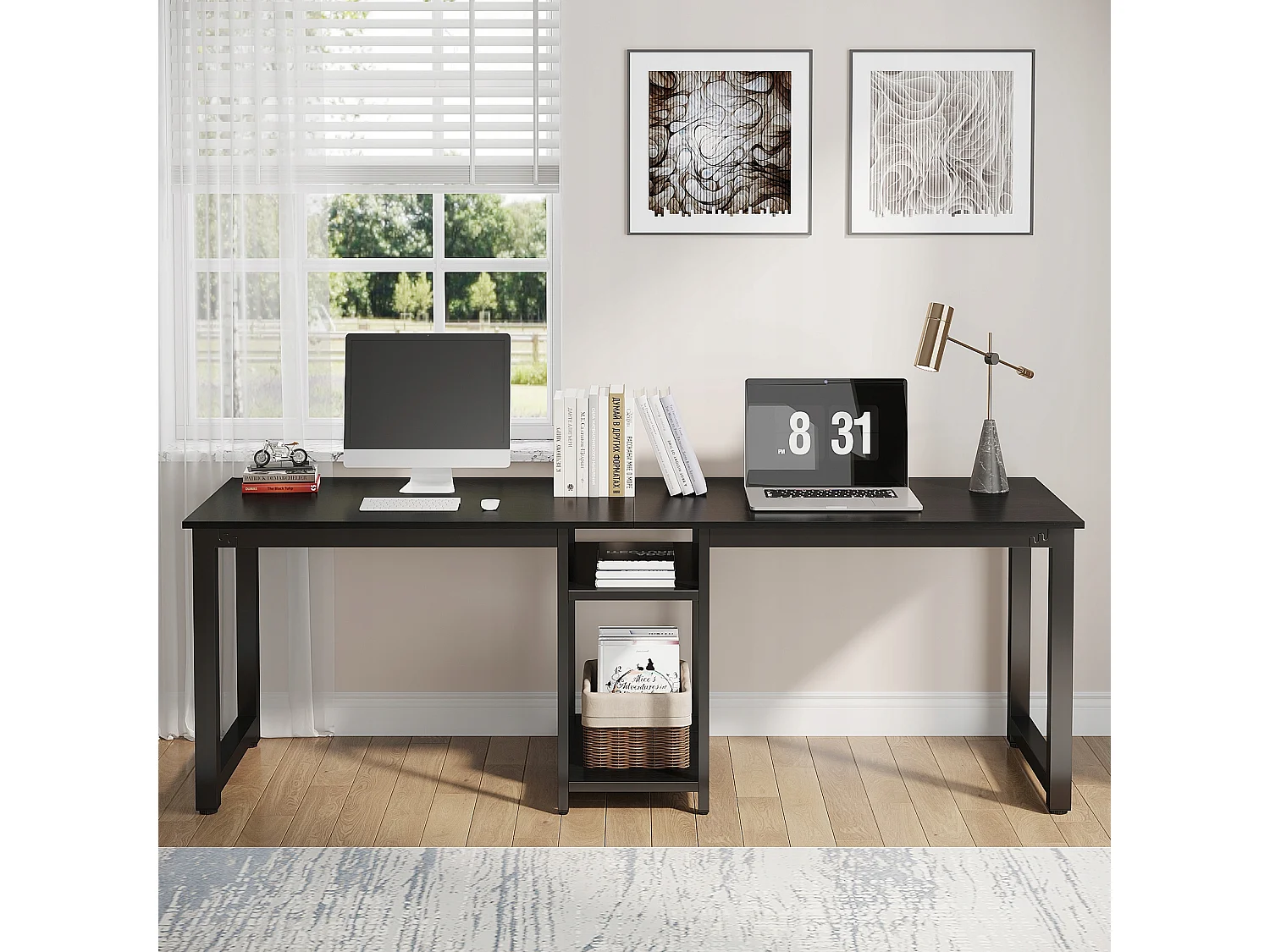 Dubbel bureau 200 cm, extra lang computerbureau met opbergvakken, voor 2 personen, studeertafel, zwart