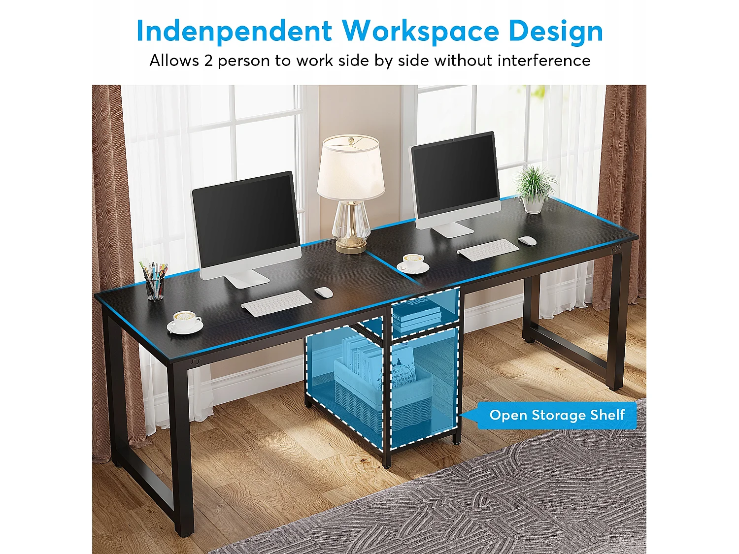 Dubbel bureau 200 cm, extra lang computerbureau met opbergvakken, voor 2 personen, studeertafel, zwart