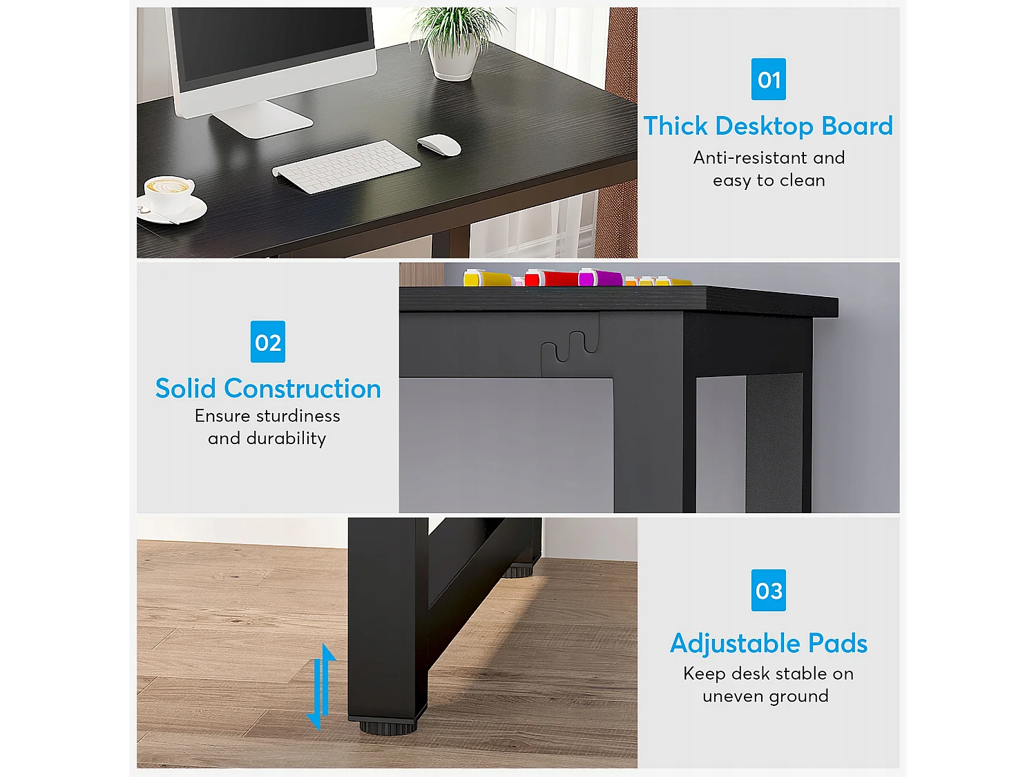 Dubbel bureau 200 cm, extra lang computerbureau met opbergvakken, voor 2 personen, studeertafel, zwart