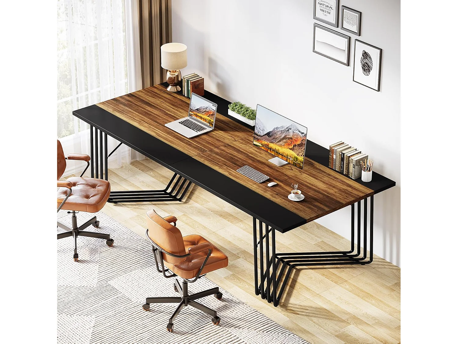 Bureau 200 cm pour 2 personnes avec structure géométrique solide en métal - Table de réunion ou de séminaire pour 8 à 10 personnes - Marron rustique