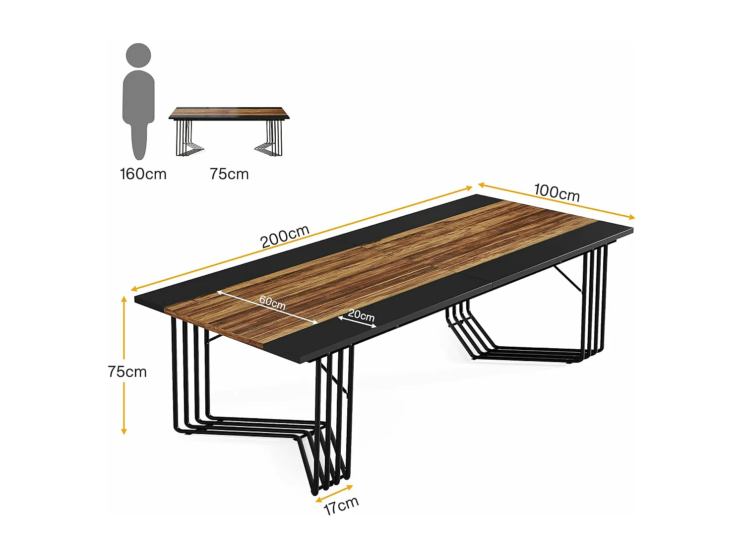 Bureau 200 cm pour 2 personnes avec structure géométrique solide en métal - Table de réunion ou de séminaire pour 8 à 10 personnes - Marron rustique