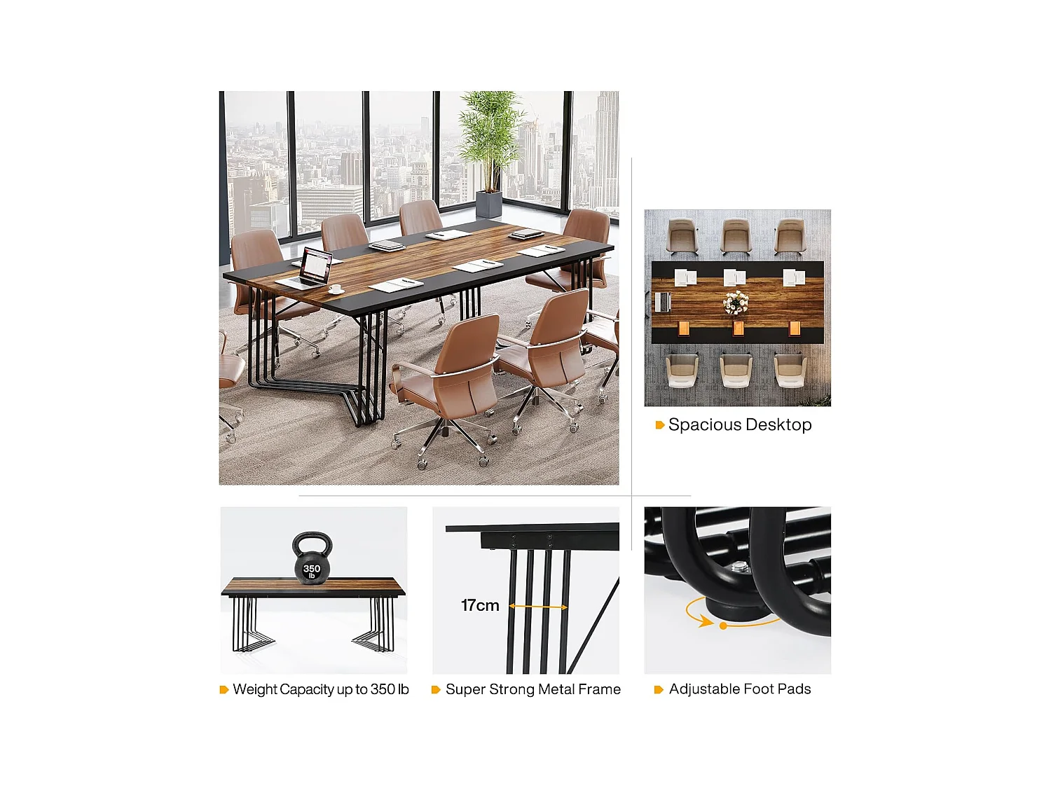 Bureau 200 cm pour 2 personnes avec structure géométrique solide en métal - Table de réunion ou de séminaire pour 8 à 10 personnes - Marron rustique