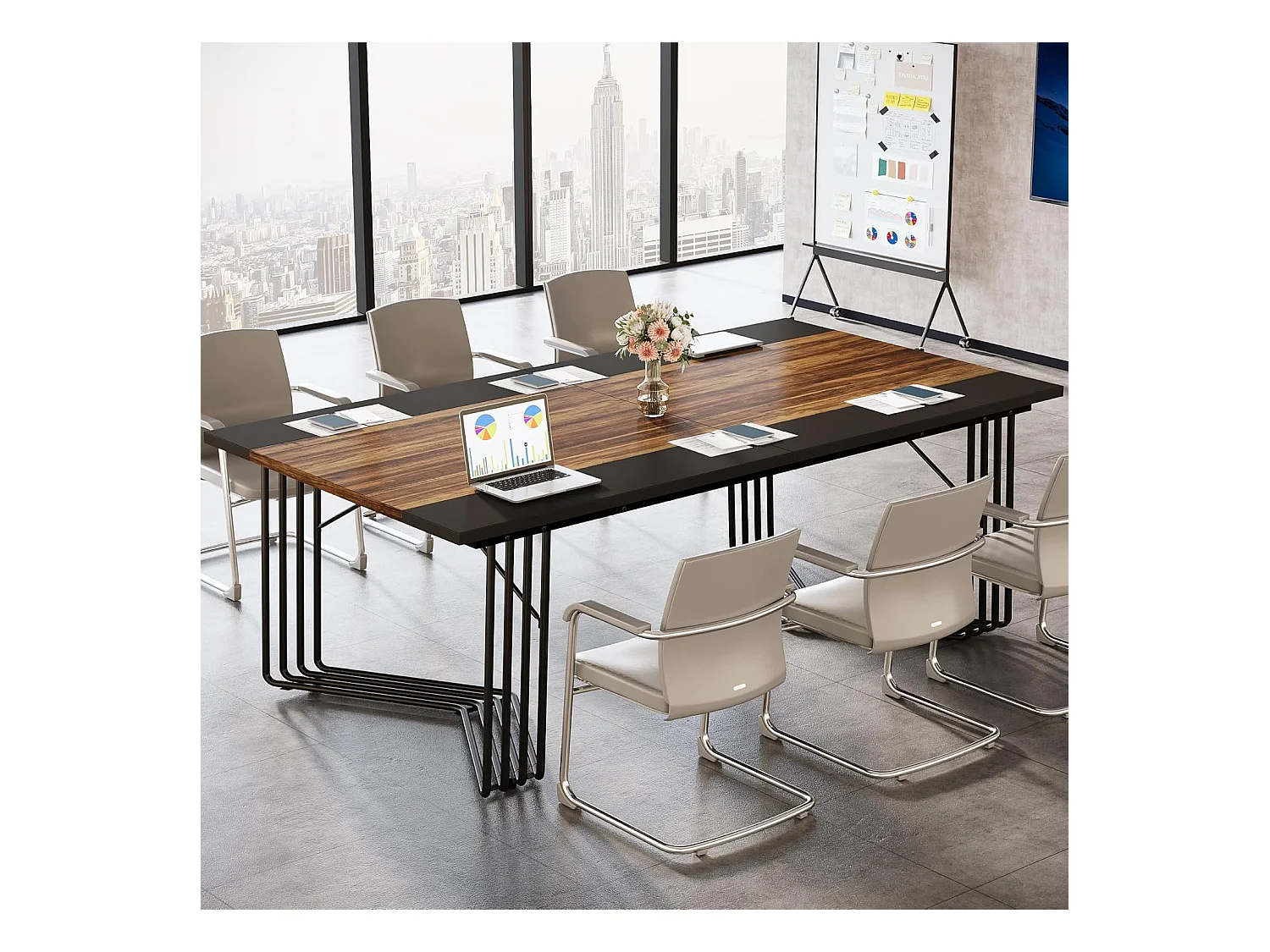 Bureau 200 cm pour 2 personnes avec structure géométrique solide en métal - Table de réunion ou de séminaire pour 8 à 10 personnes - Marron rustique