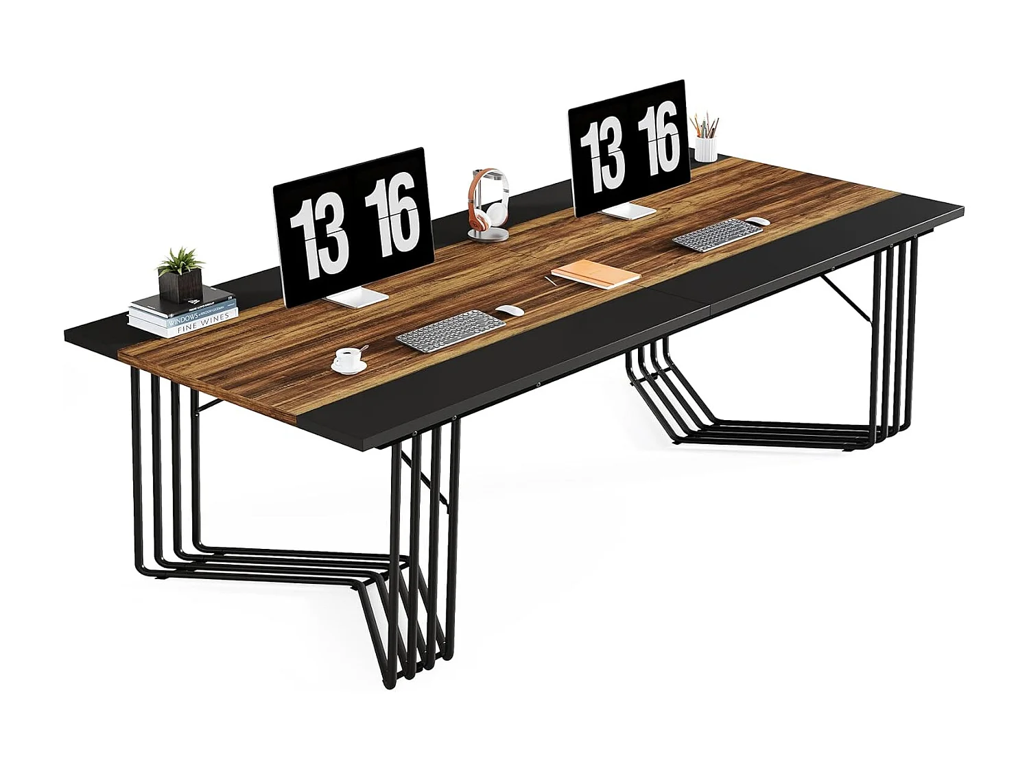 Bureau 200 cm pour 2 personnes avec structure géométrique solide en métal - Table de réunion ou de séminaire pour 8 à 10 personnes - Marron rustique