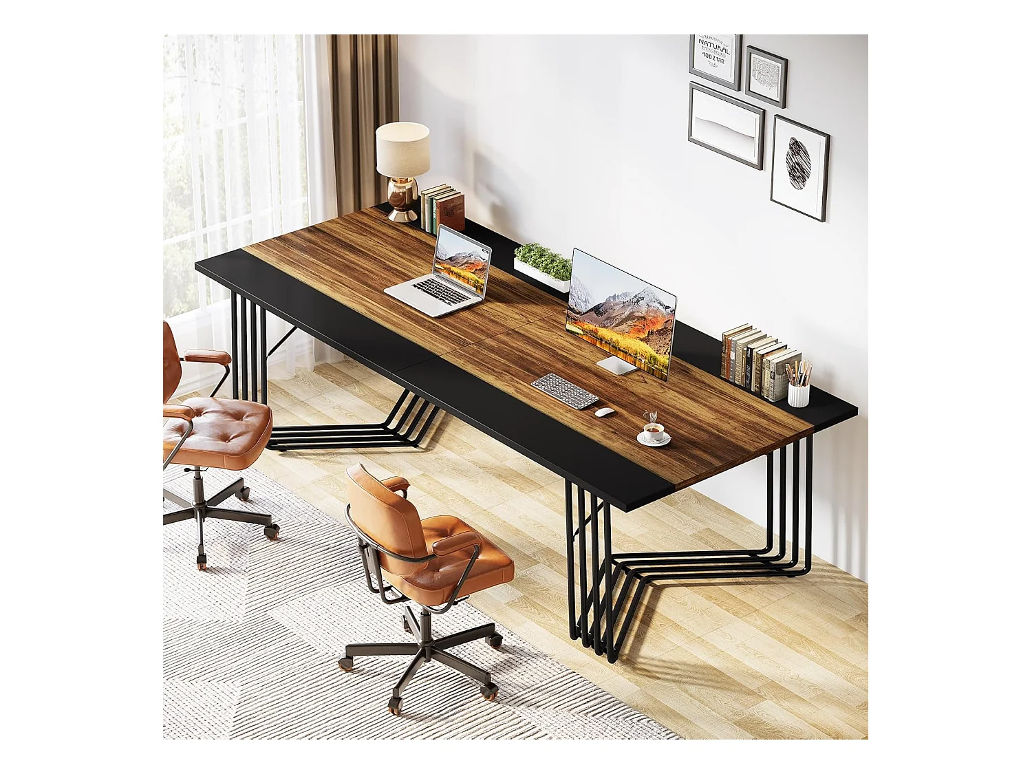 200 cm Schreibtisch für 2 Personen mit solider geometrischer Metallstruktur - Besprechungs- oder Seminartisch für 8 bis 10 Personen - Rustikales Braun