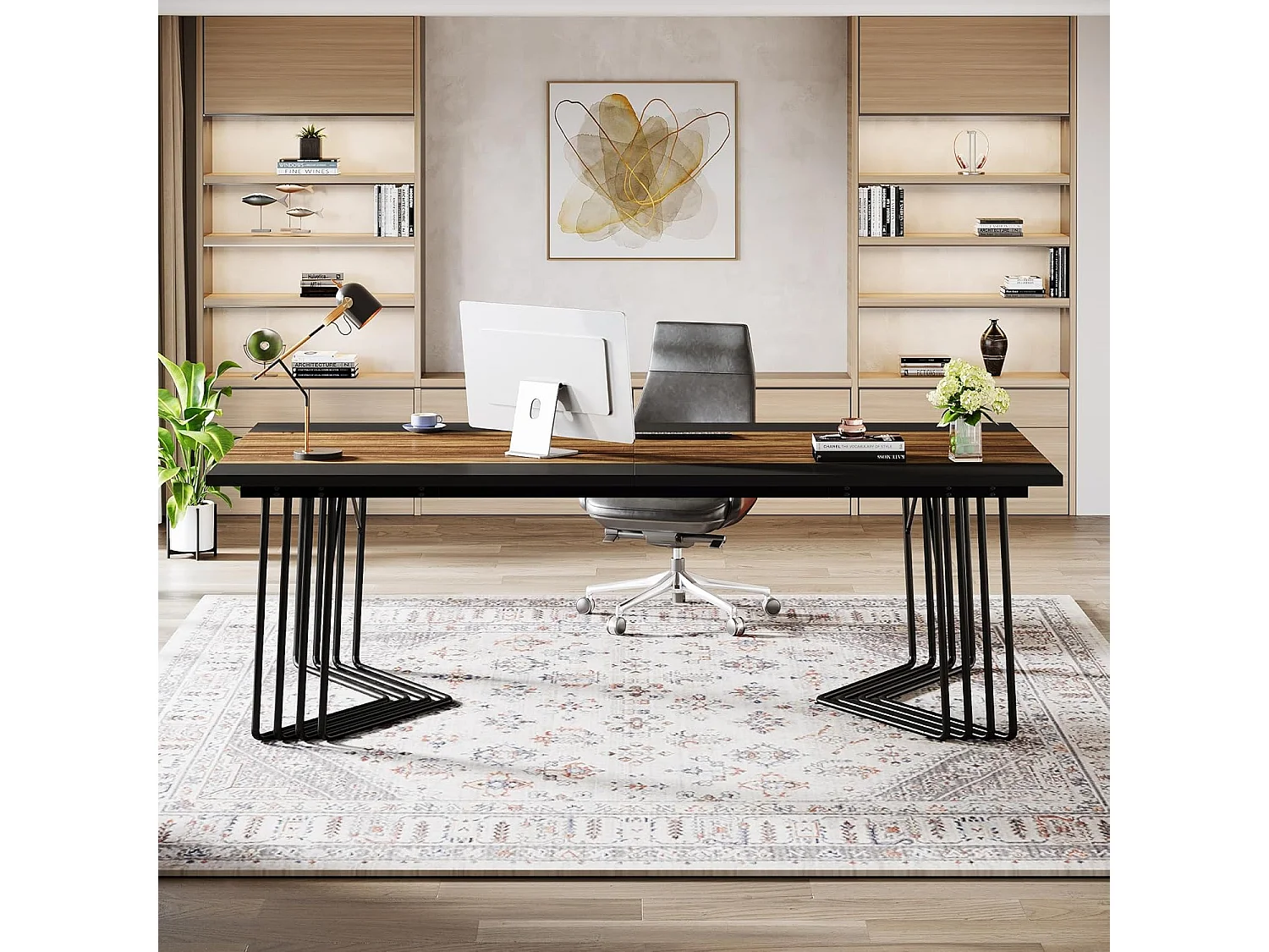 Bureau 200 cm pour 2 personnes avec structure géométrique solide en métal - Table de réunion ou de séminaire pour 8 à 10 personnes - Marron rustique