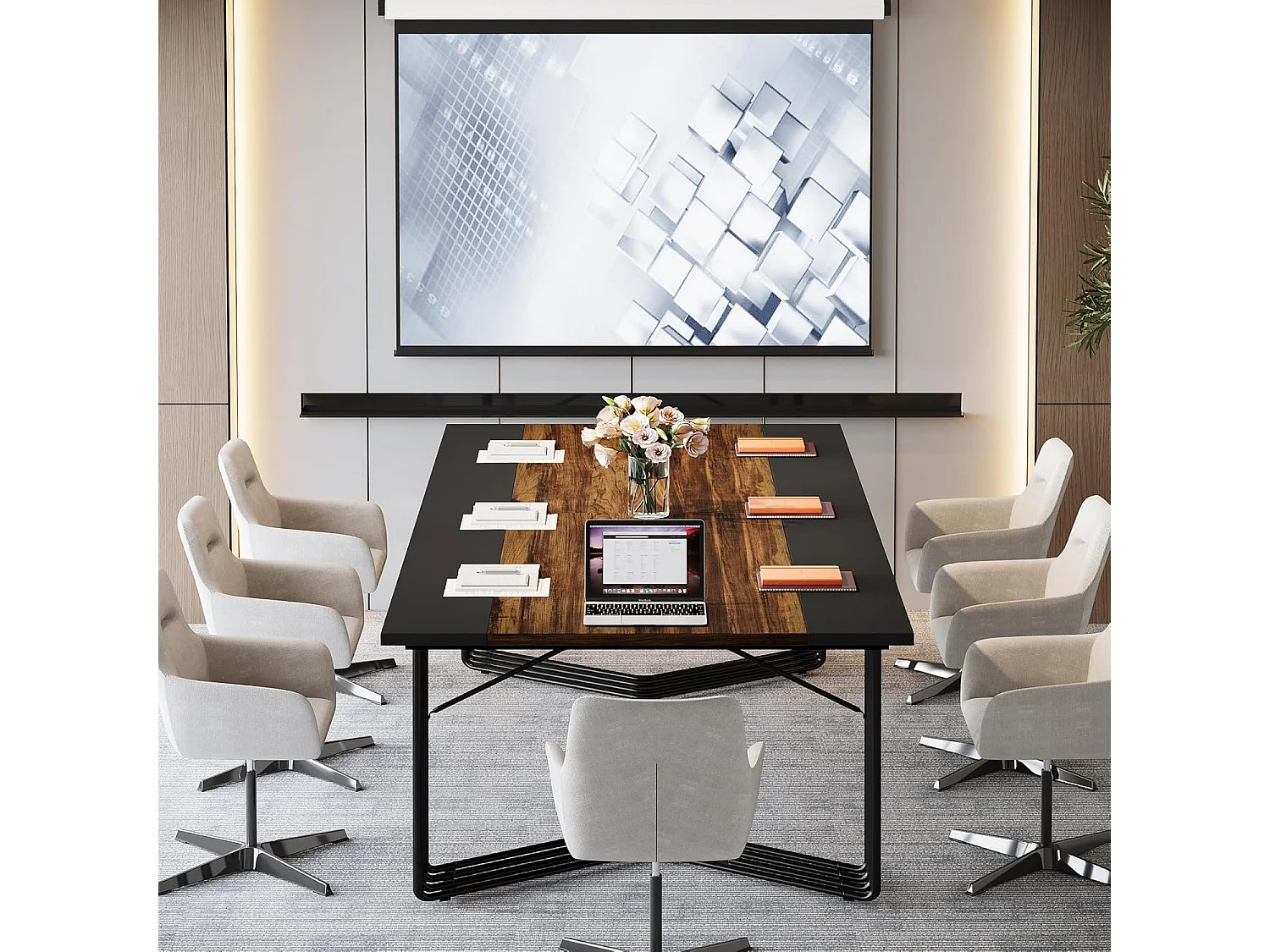 Bureau 200 cm pour 2 personnes avec structure géométrique solide en métal - Table de réunion ou de séminaire pour 8 à 10 personnes - Marron rustique