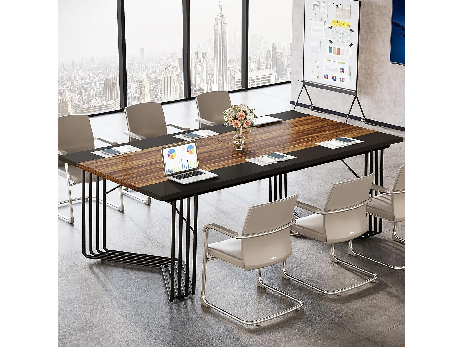 Bureau 200 cm pour 2 personnes avec structure géométrique solide en métal - Table de réunion ou de séminaire pour 8 à 10 personnes - Marron rustique