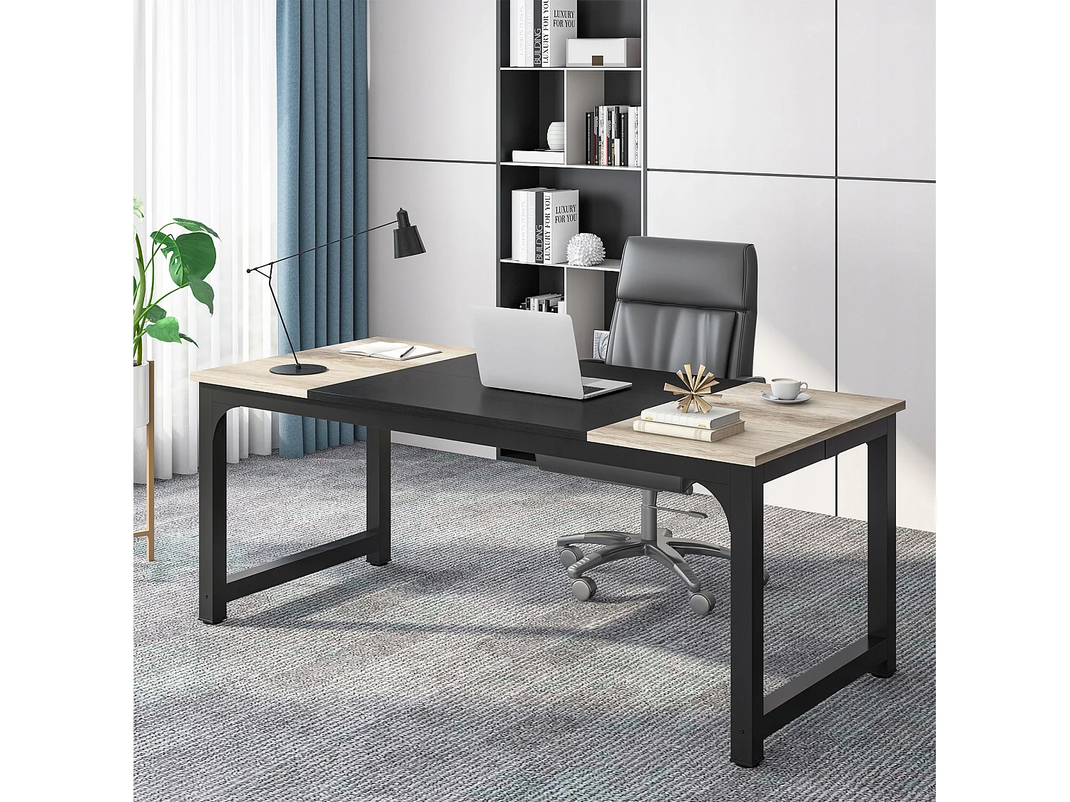 Laptop-Schreibtisch, Tisch, Arbeitszimmer-Schreibtisch für Telearbeit, Arbeitsplatz für Büro, Schlafzimmer, einfach aufzubauen (Vintage-Grau/Schwarz, 180 x 80 x 75 cm)