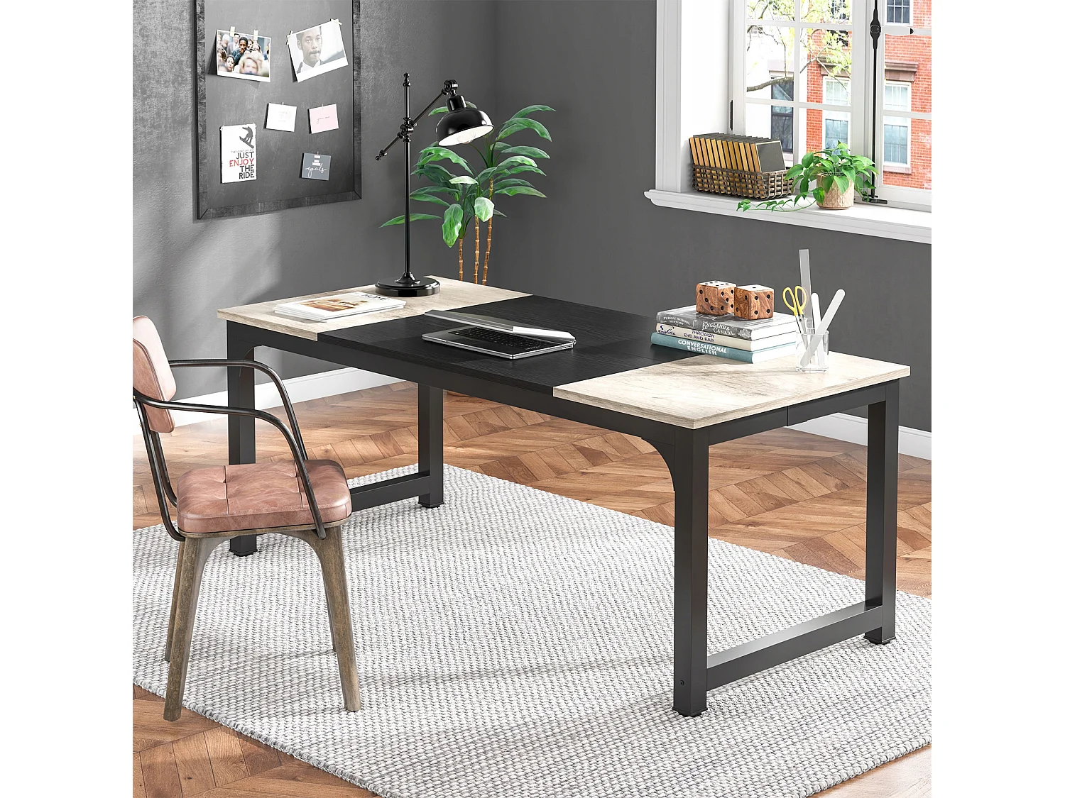 Bureau pour Ordinateur Portable,Table, Bureau d’étude pour Le télétravail, Poste de Travail (Gris Vintage/Noir, 180 x 80 x 75 cm)