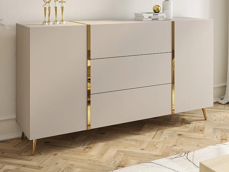 Buffet avec 2 portes et 3 tiroirs - Beige et Doré - MARZIALO