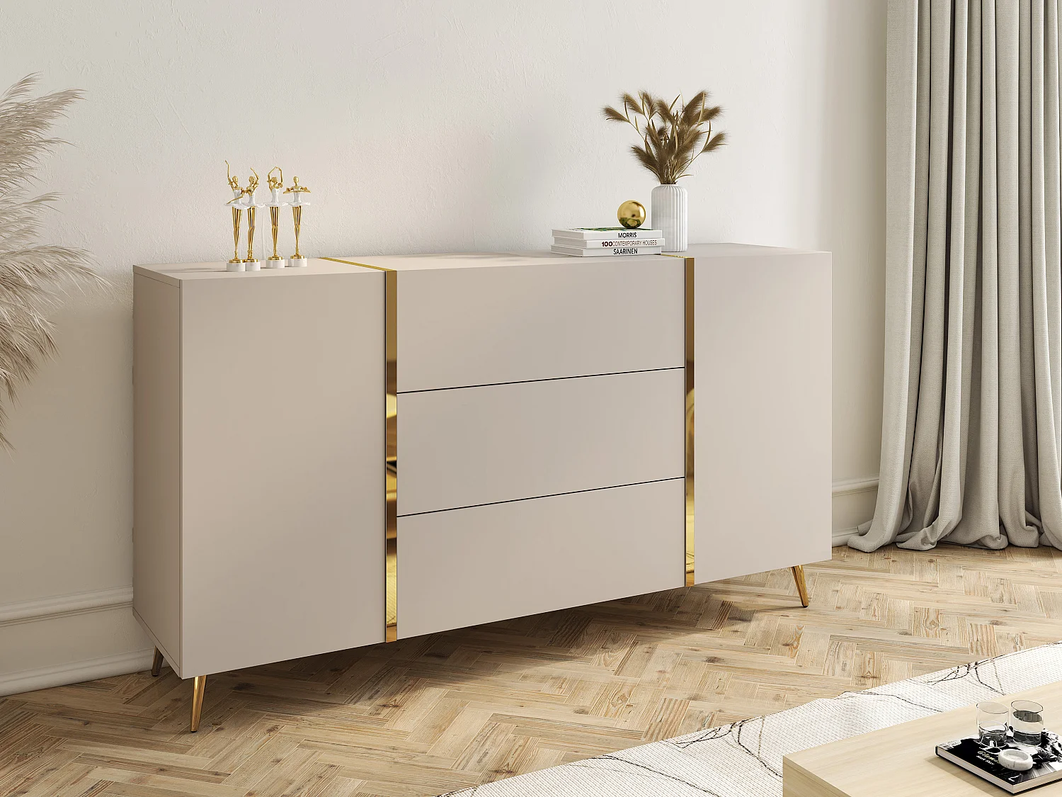 Buffet avec 2 portes et 3 tiroirs - Beige et Doré - MARZIALO