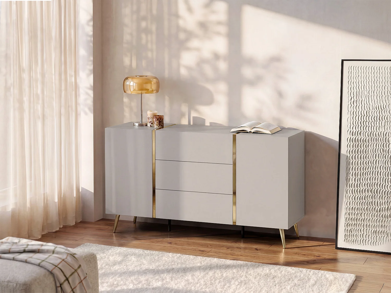 Buffetkast met 2 deurtjes en 3 lades - Beige en goud - MARZIALO