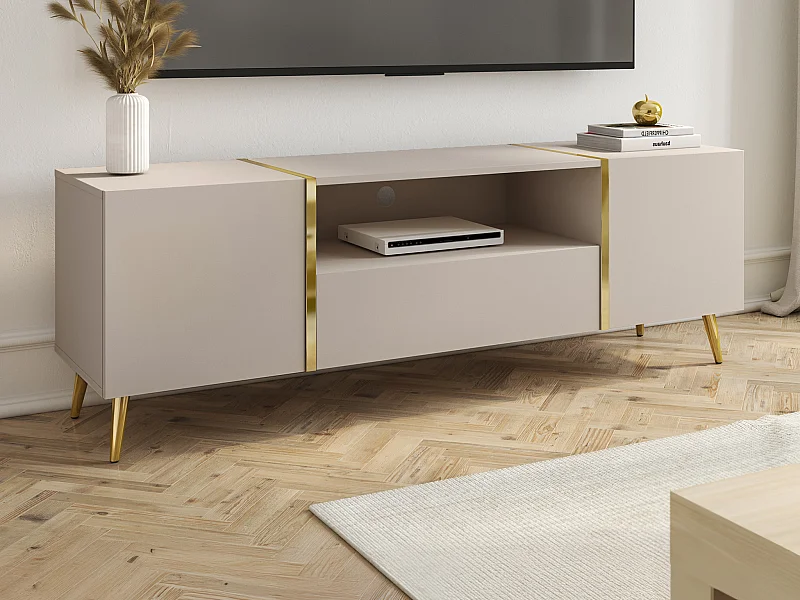 TV-Möbel mit 2 Türen, 1 Schublade & 1 Ablage - Beige & Goldfarben - MARZIALO