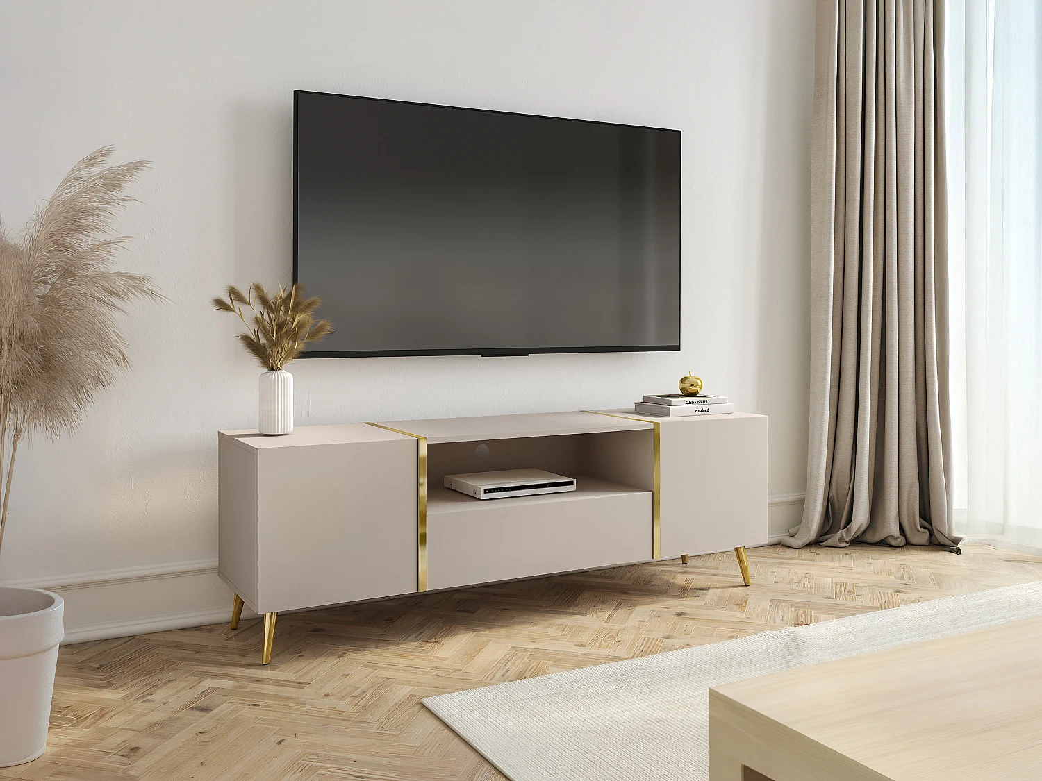 Meuble TV avec 2 portes, 1 tiroir et 1 niche - Beige et Doré - MARZIALO