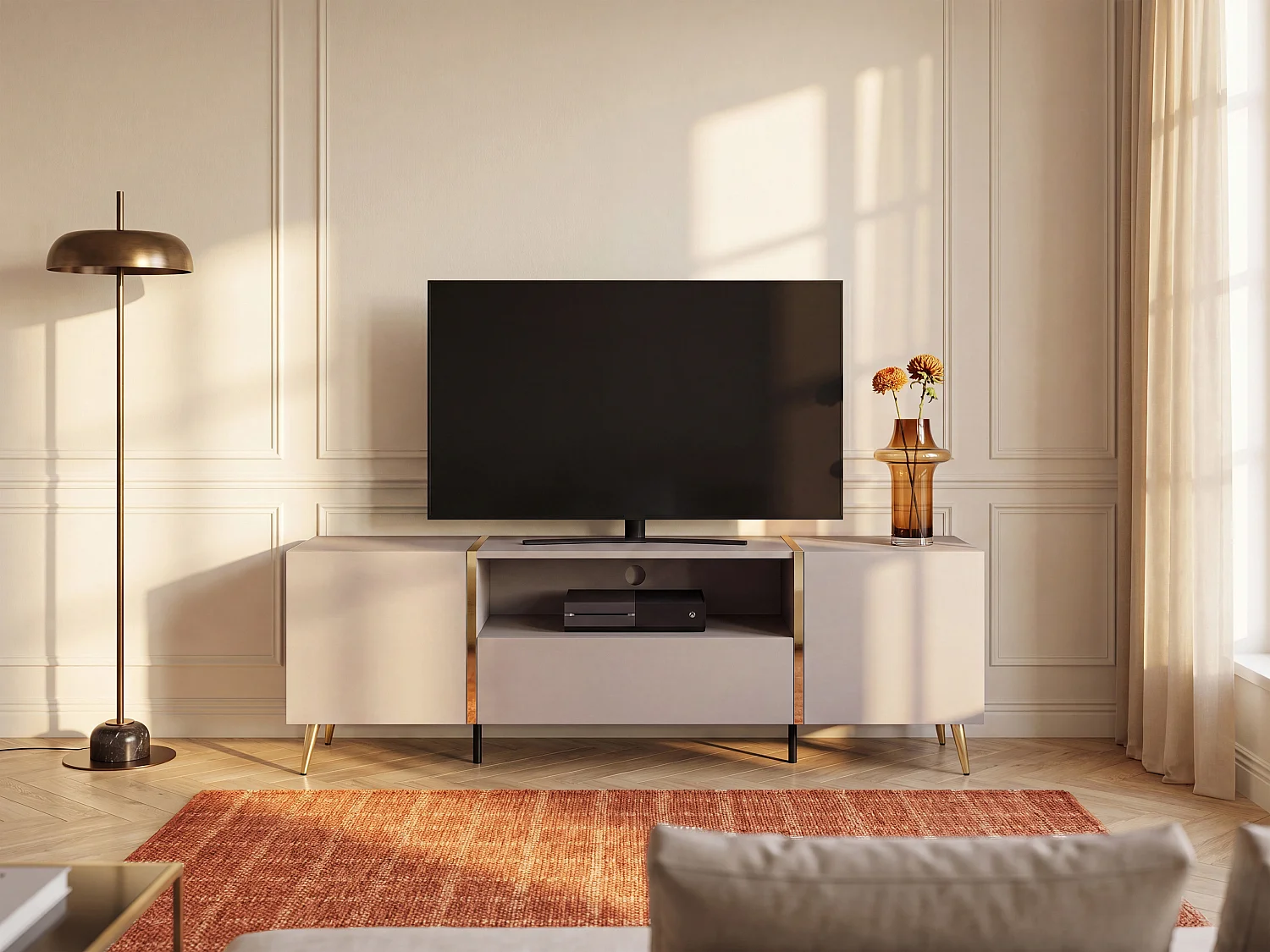 TV Unit with 2 Doors, 1 Drawer and 1 Open Shelf - Beige and Gold - MARZIALO