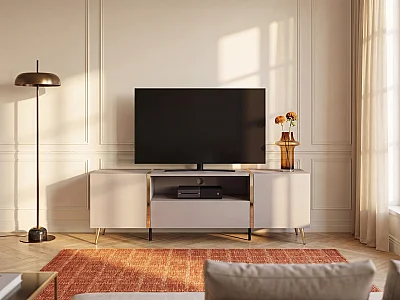 TV Unit with 2 doors, 1 Drawer and 1 niche - Beige and gold - MARZIALO