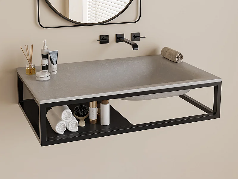 Lavabo rectangular de hormigón y acero inoxidable - Gris y negro - L61 x Alt. 39 cm - TICINO