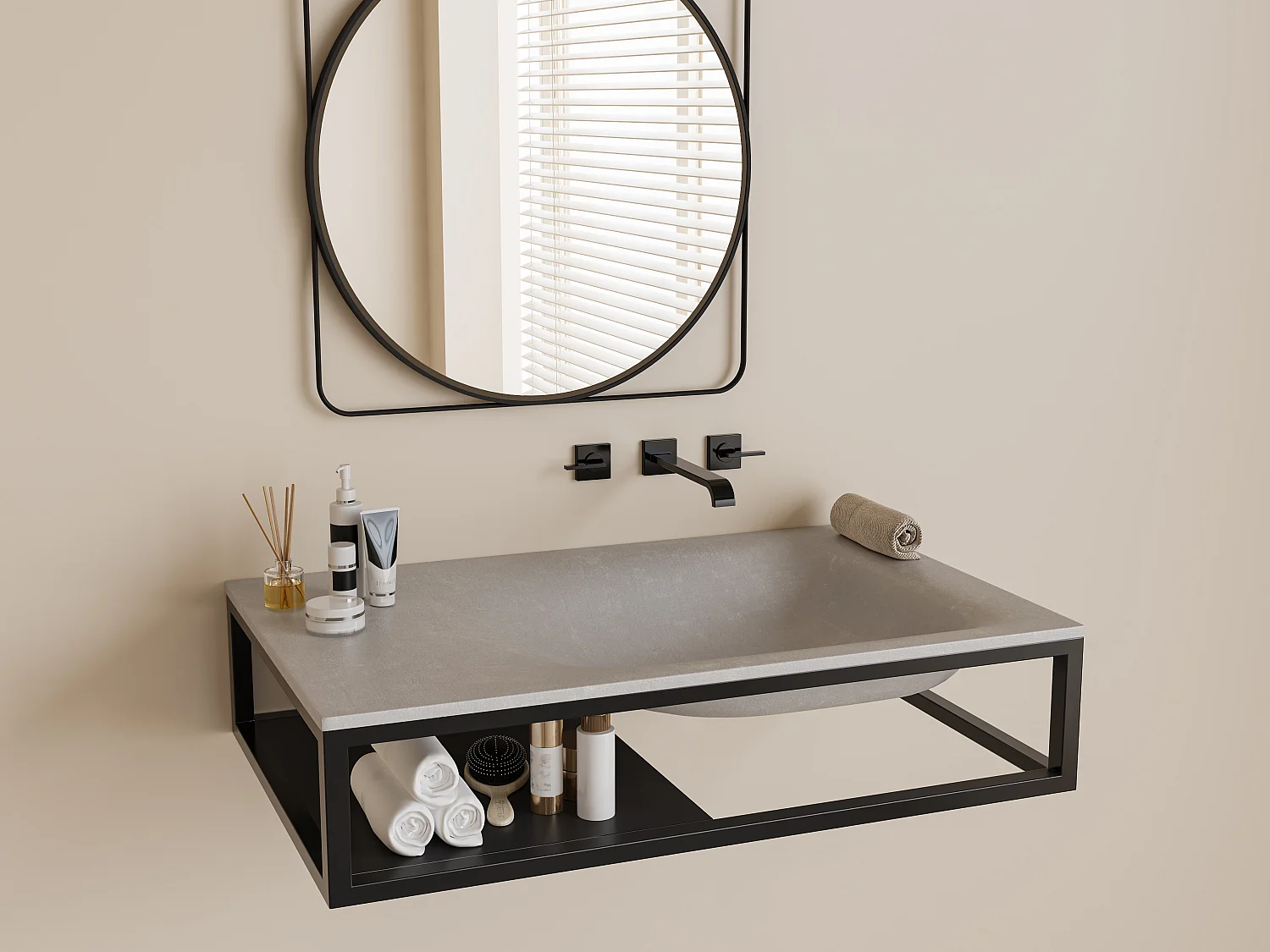 Tampo de lavatório retangular em cimento e aço inoxidável cinza e preto C60 x A39 cm - TICINO