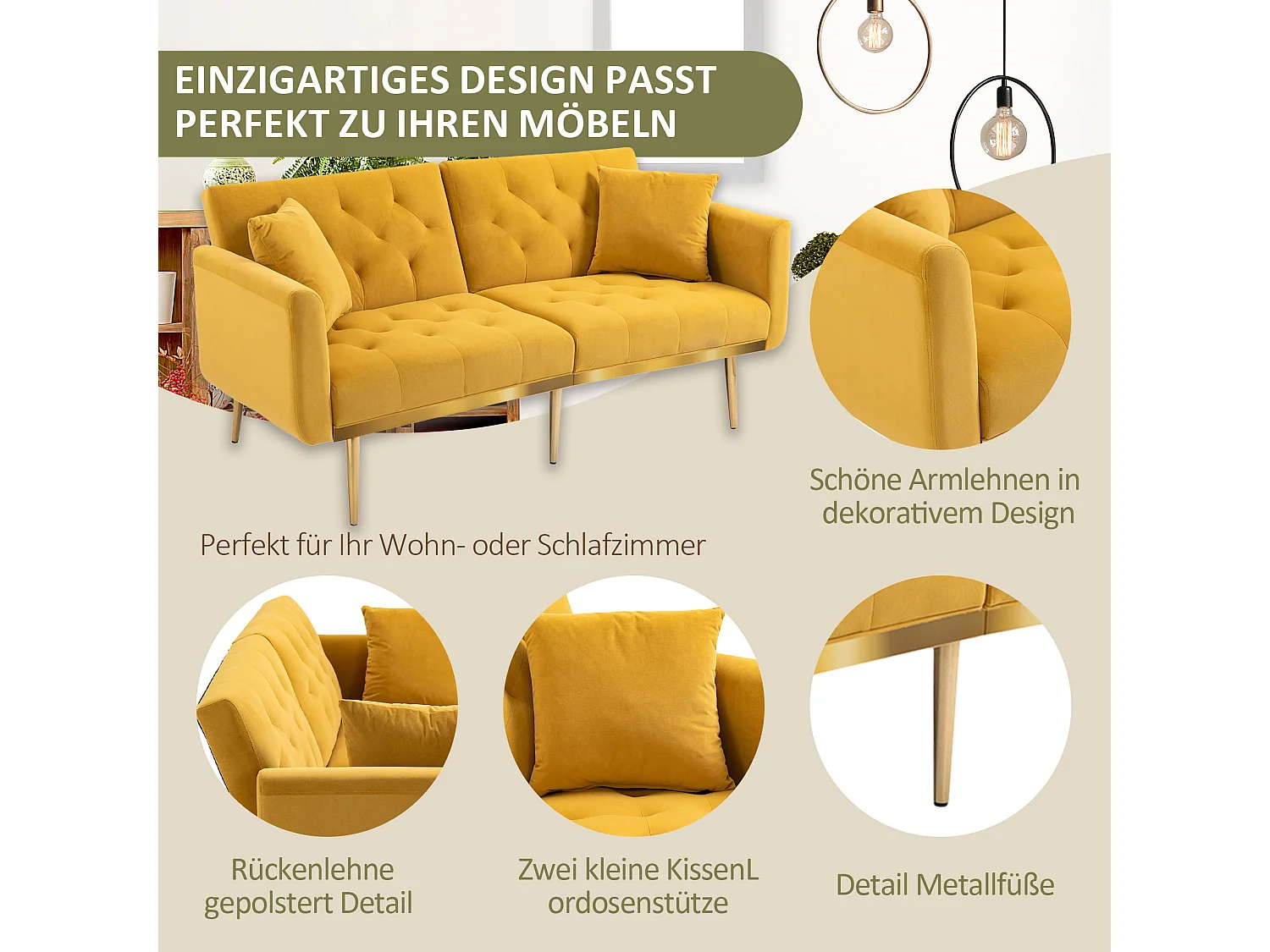 Canapé Doux En Velours，3 Places Convertible，support En Métal Robuste，pour Salon Ou Petite Espace