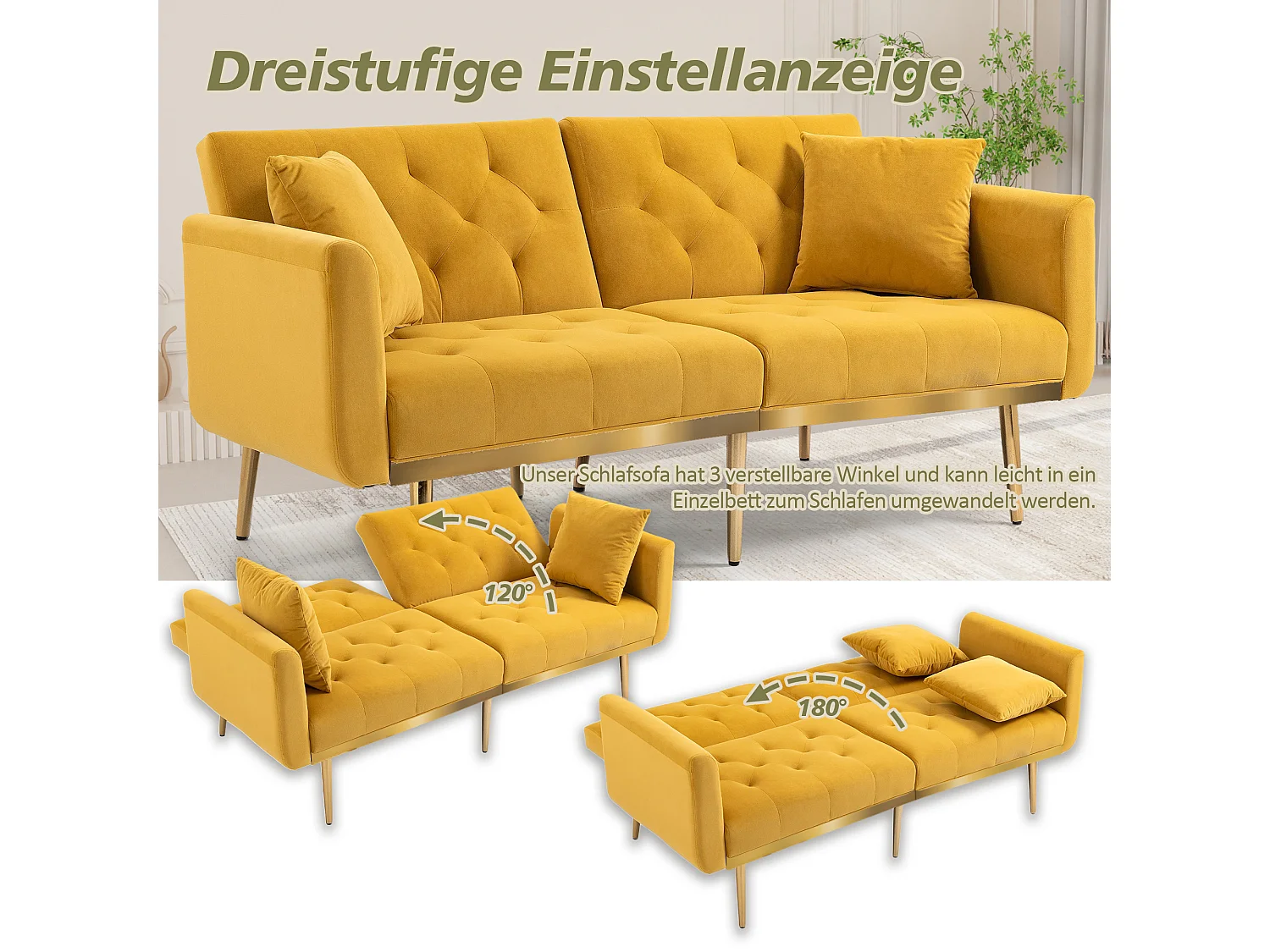 Canapé Doux En Velours，3 Places Convertible，support En Métal Robuste，pour Salon Ou Petite Espace