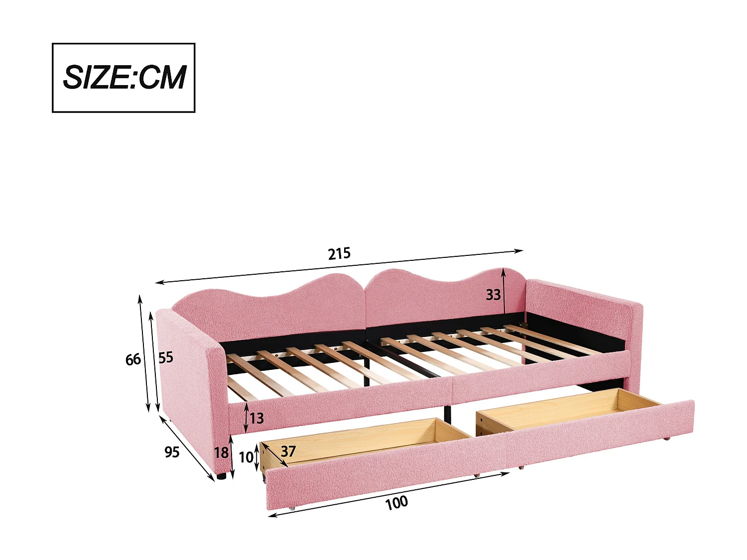 Cama Infantil 90x200 Cm, Sofá Cama Com 2 Gavetas, Rosa, Multifuncional Com Encosto E Braços