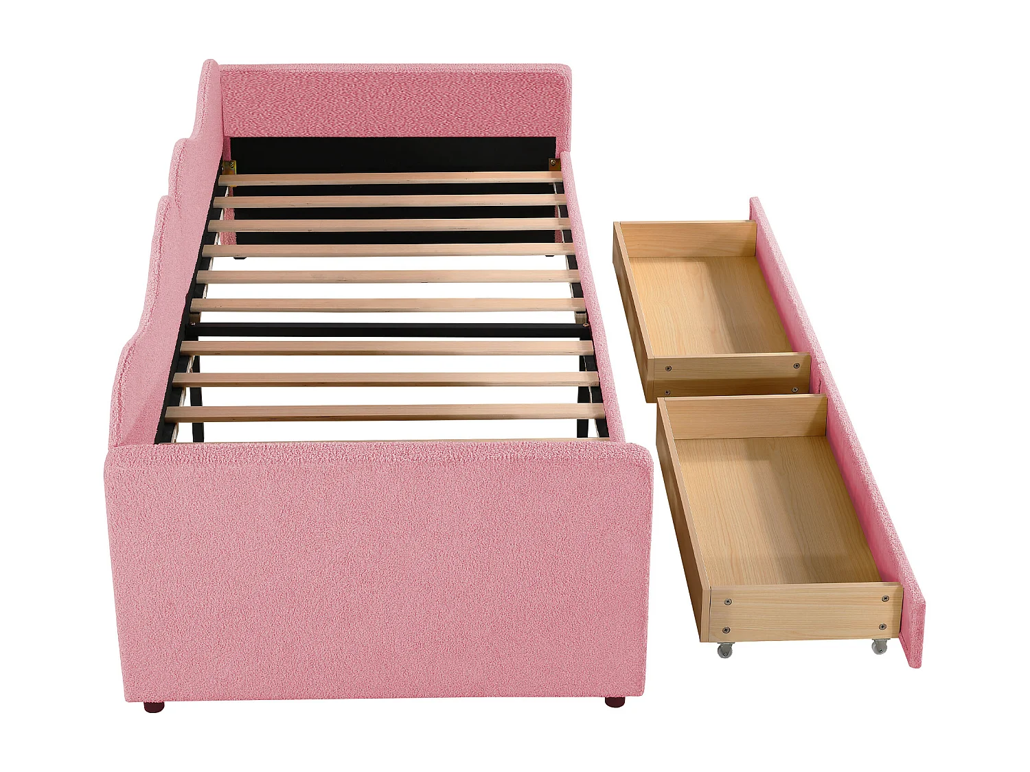 Cama Infantil 90x200 Cm, Sofá Cama Com 2 Gavetas, Rosa, Multifuncional Com Encosto E Braços