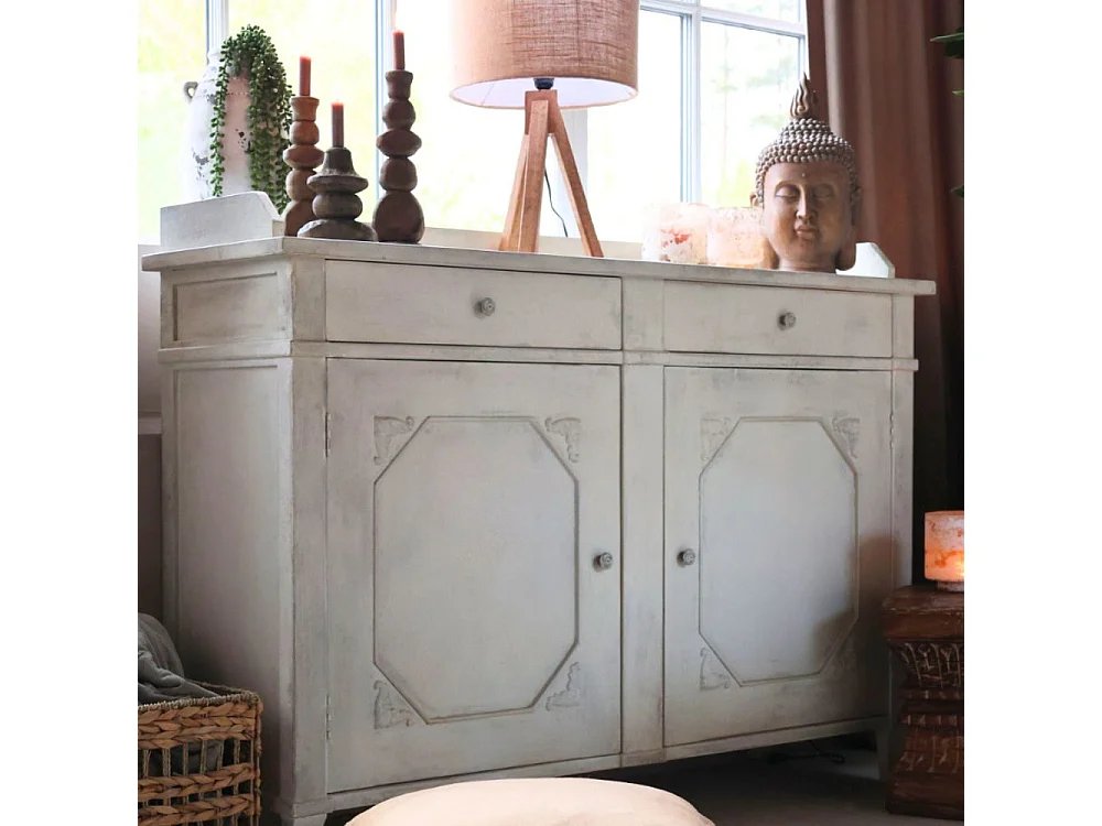 Buffet 2 portes en bois de pin blanc antique 153 x 51.5 x 112 cm