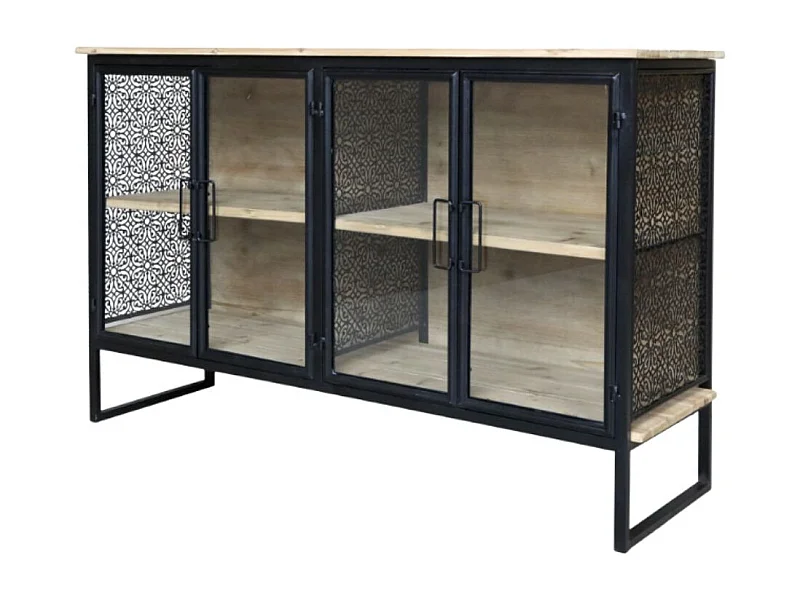 Buffet 4 portes en bois de sapin marron et fer noir 121 x 38 x 80 cm