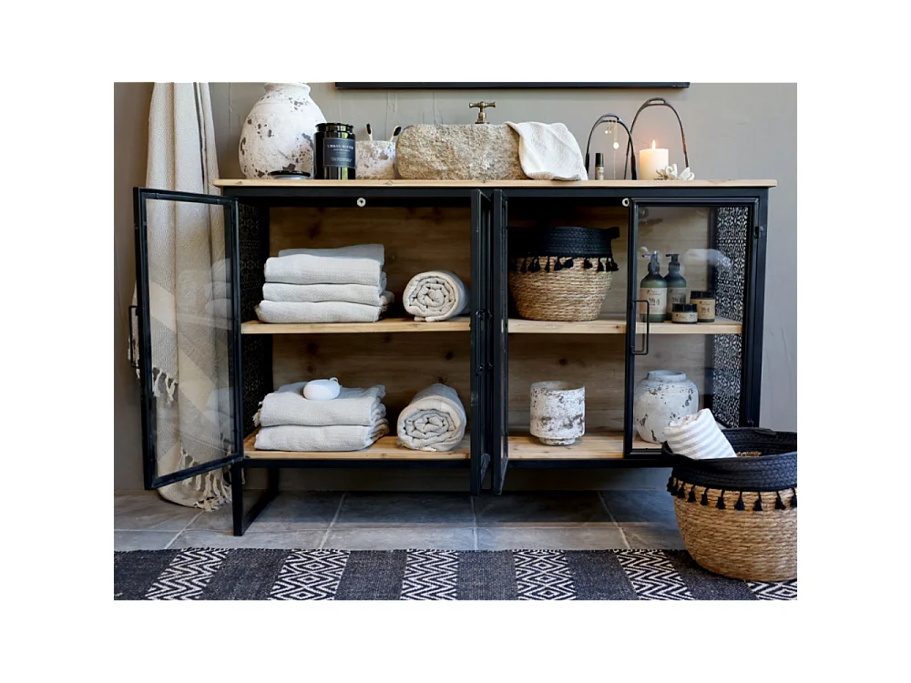 Buffet 4 portes en bois de sapin marron et fer noir 121 x 38 x 80 cm