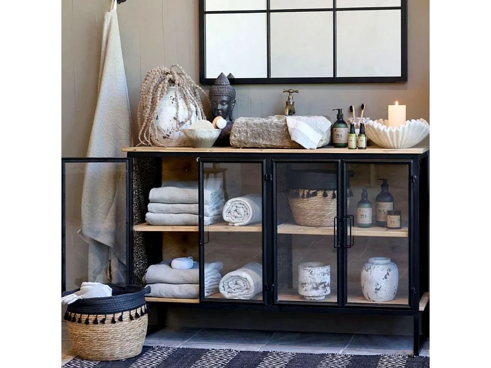 Buffet 4 portes en bois de sapin marron et fer noir 121 x 38 x 80 cm