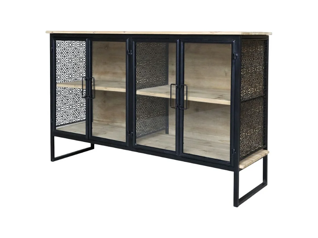 Buffet 4 portes en bois de sapin marron et fer noir 121 x 38 x 80 cm