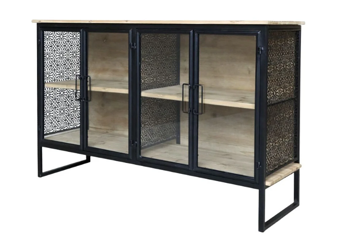 Buffet 4 portes en bois de sapin marron et fer noir 121 x 38 x 80 cm