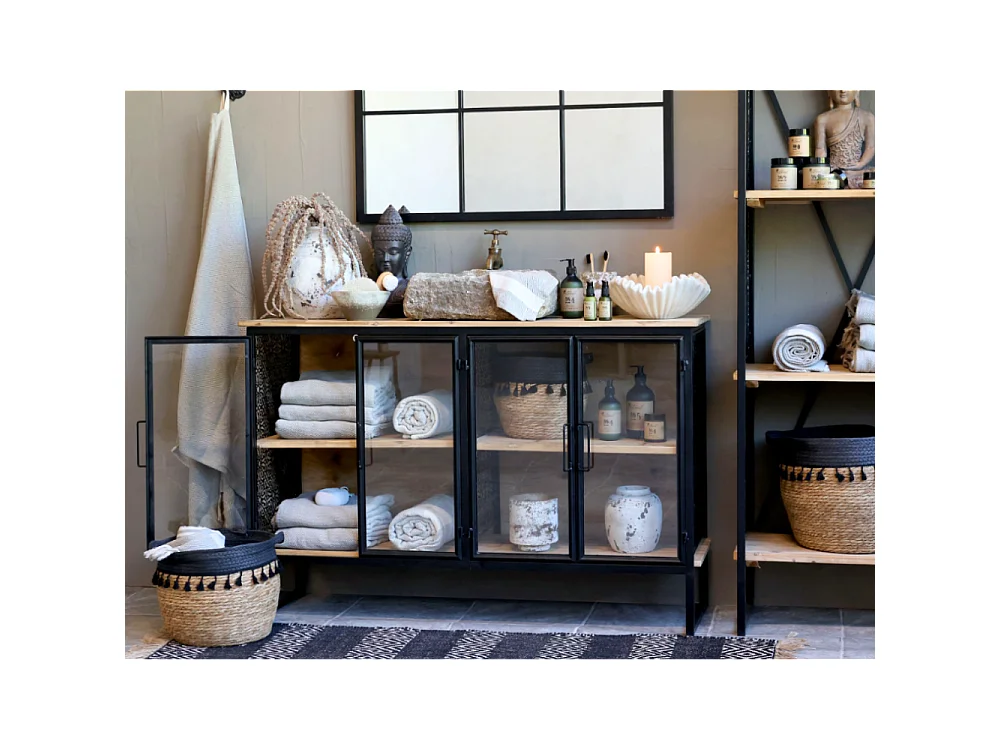 Buffet 4 portes en bois de sapin marron et fer noir 121 x 38 x 80 cm