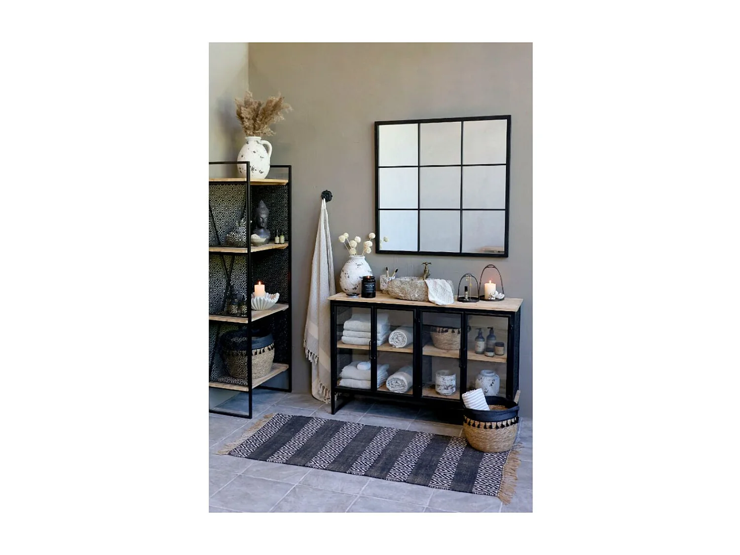 Buffet 4 portes en bois de sapin marron et fer noir 121 x 38 x 80 cm