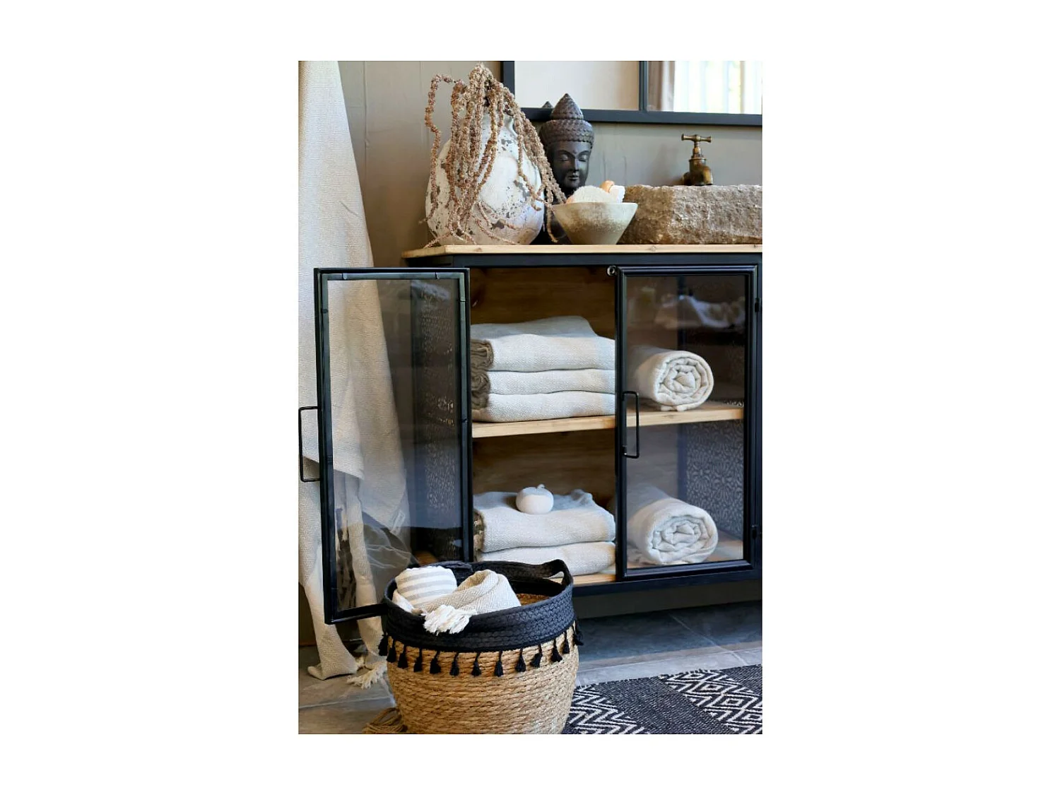 Buffet 4 portes en bois de sapin marron et fer noir 121 x 38 x 80 cm