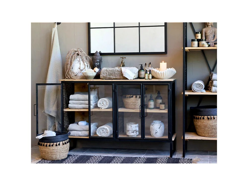 Buffet 4 portes en bois de sapin marron et fer noir 121 x 38 x 80 cm