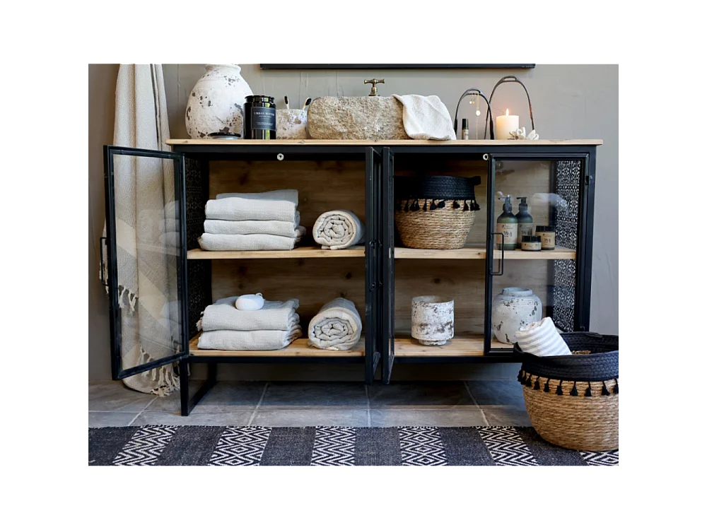 Buffet 4 portes en bois de sapin marron et fer noir 121 x 38 x 80 cm