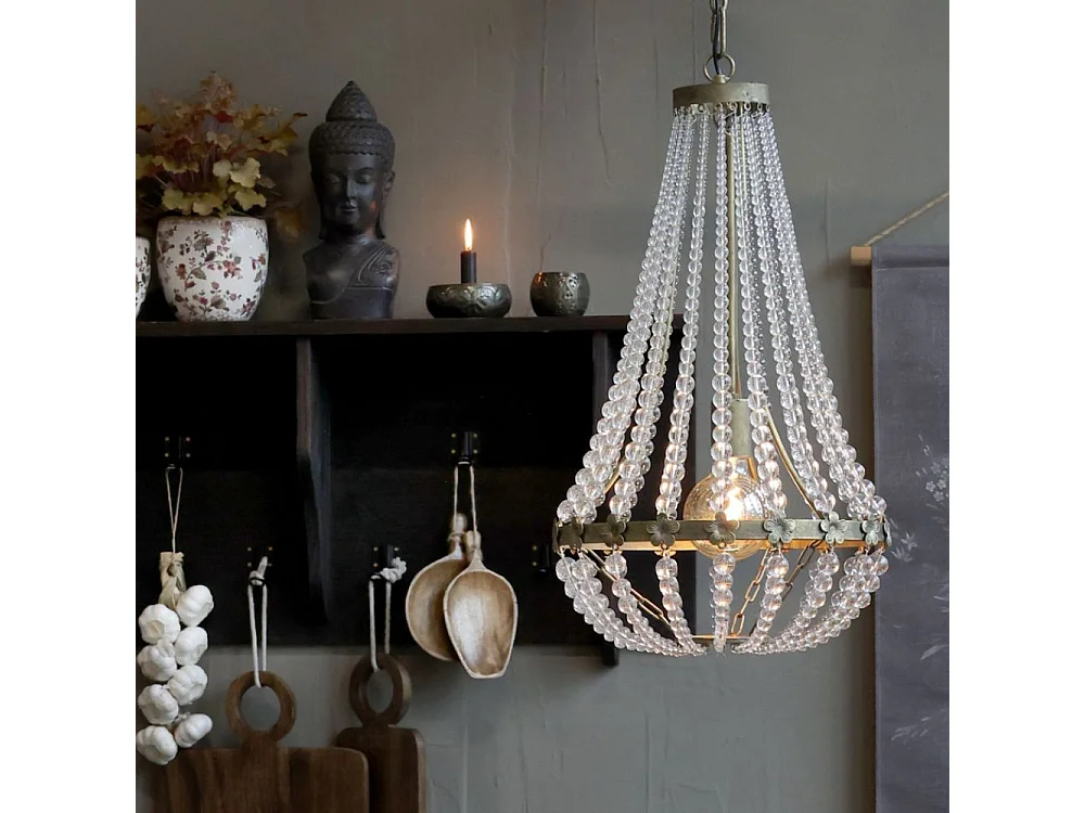 Lustre avec prisme en verre et fer laiton antique Ø.35.5 x Ht.60 cm