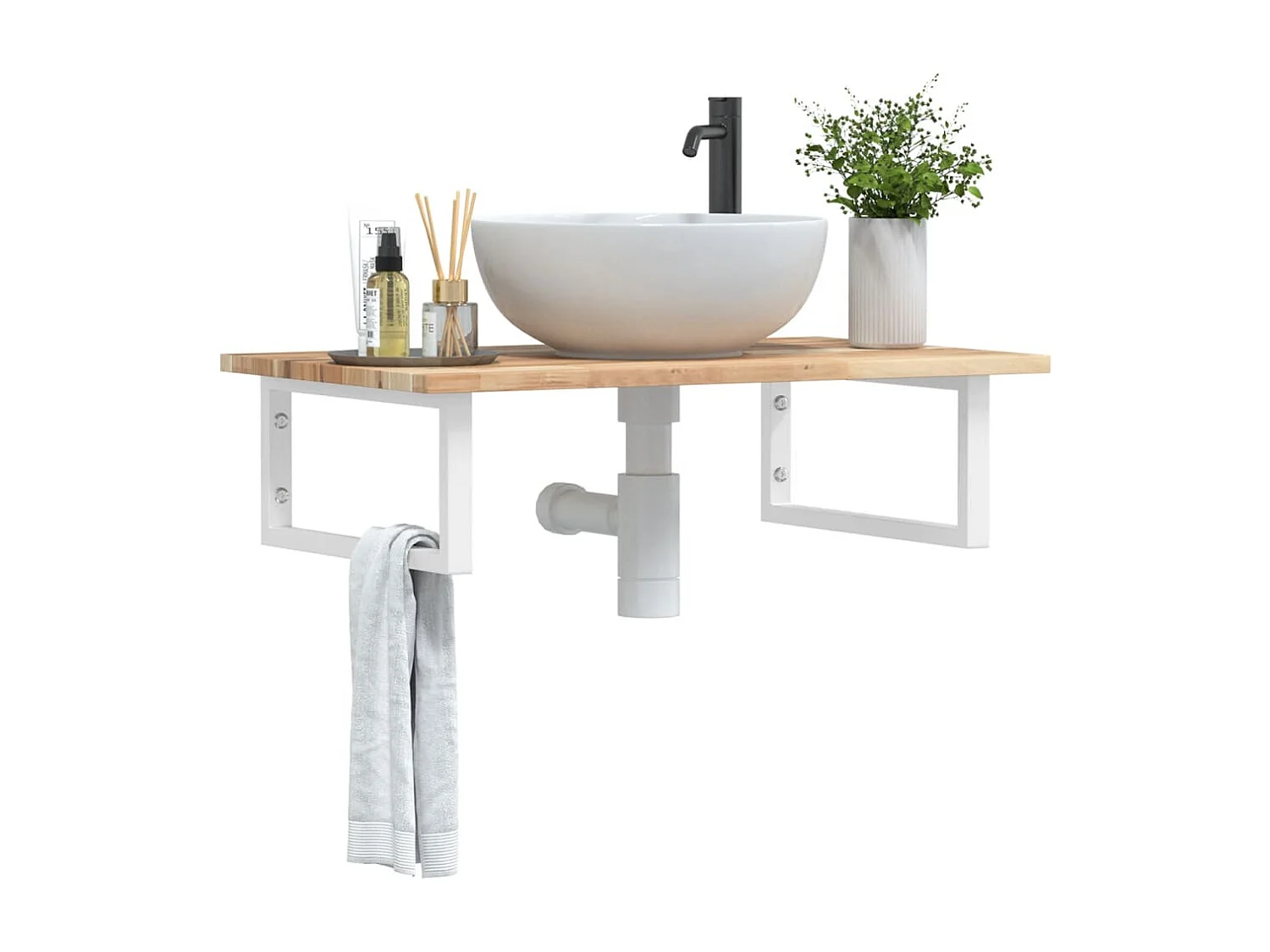 Estante de lavabo de pared acero y madera maciza de acacia