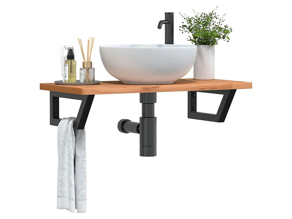 Waschbeckenregal Wandmontage Stahl und Massivholz Buche