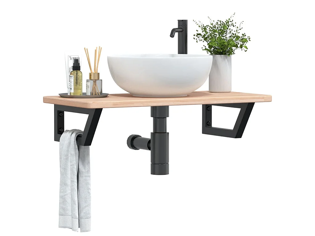 Estante de lavabo de pared de acero y madera maciza de roble