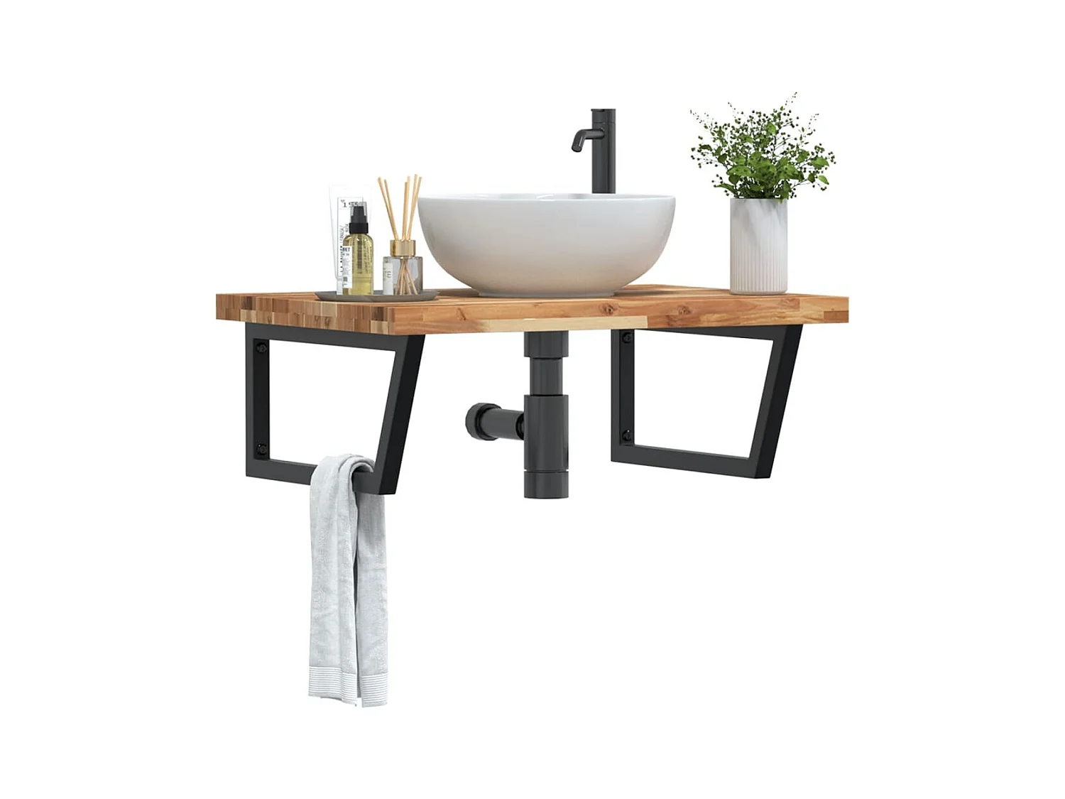Estante de lavabo de pared acero y madera maciza de acacia