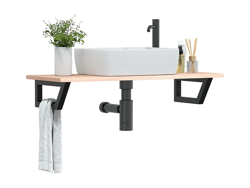 Estante de lavabo de pared de acero y madera maciza de roble