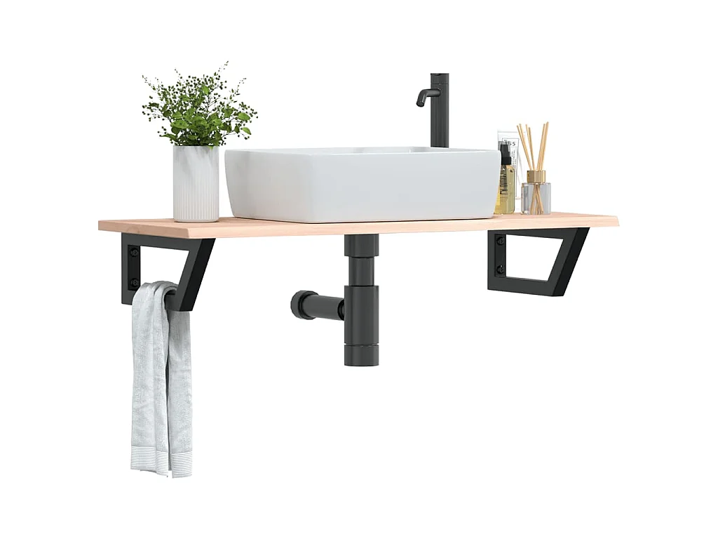 Estante de lavabo de pared de acero y madera maciza de roble