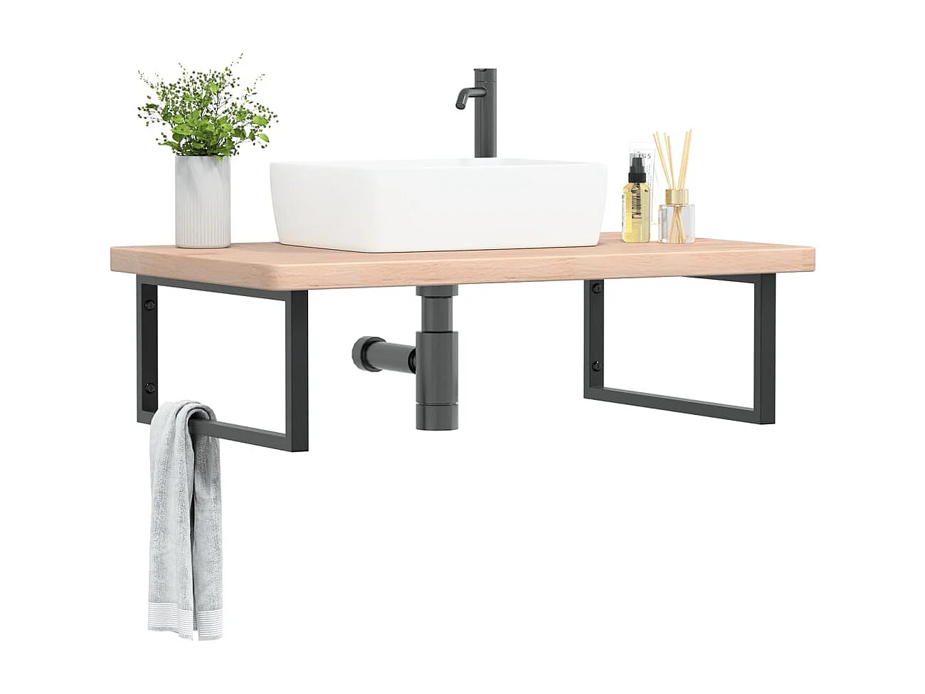 Estante de lavabo de pared de acero y madera maciza de roble