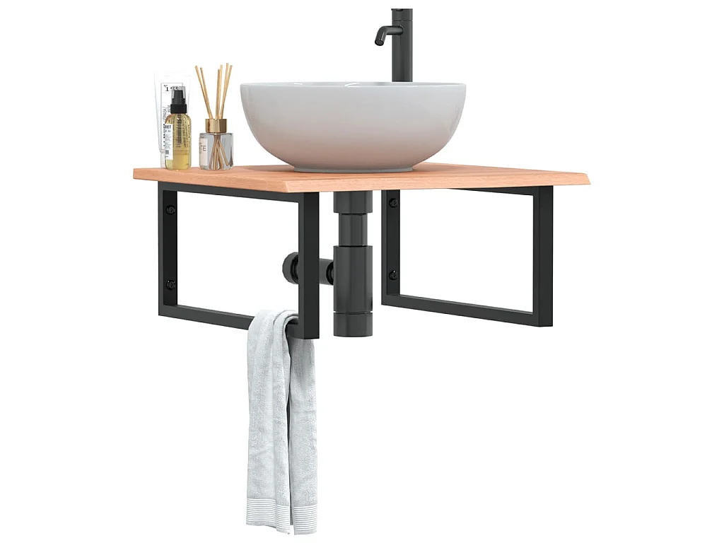 Estante de lavabo de pared de acero y madera maciza de roble
