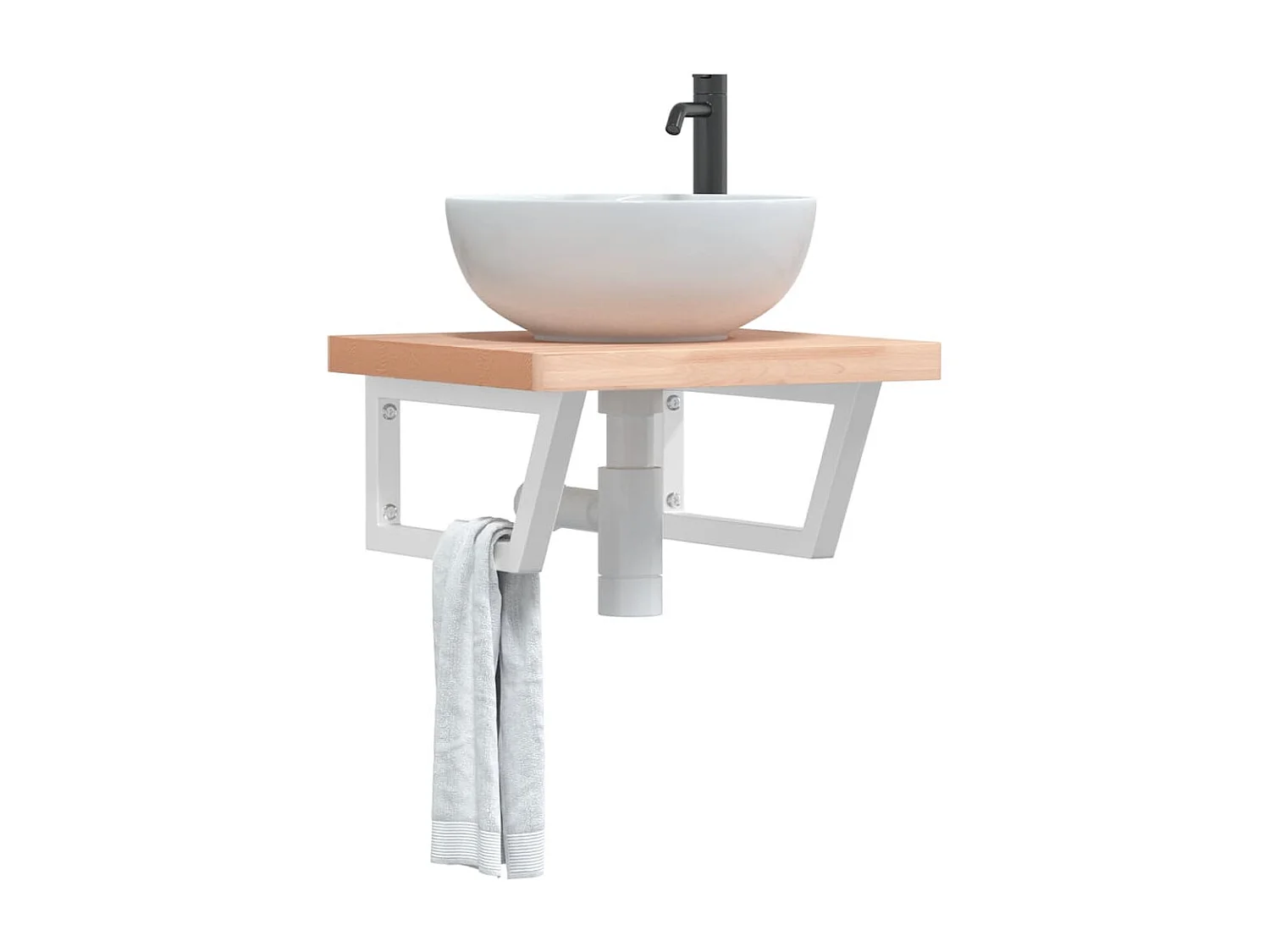 Ripiano a Parete per Lavabo in Acciaio e Massello di Faggio